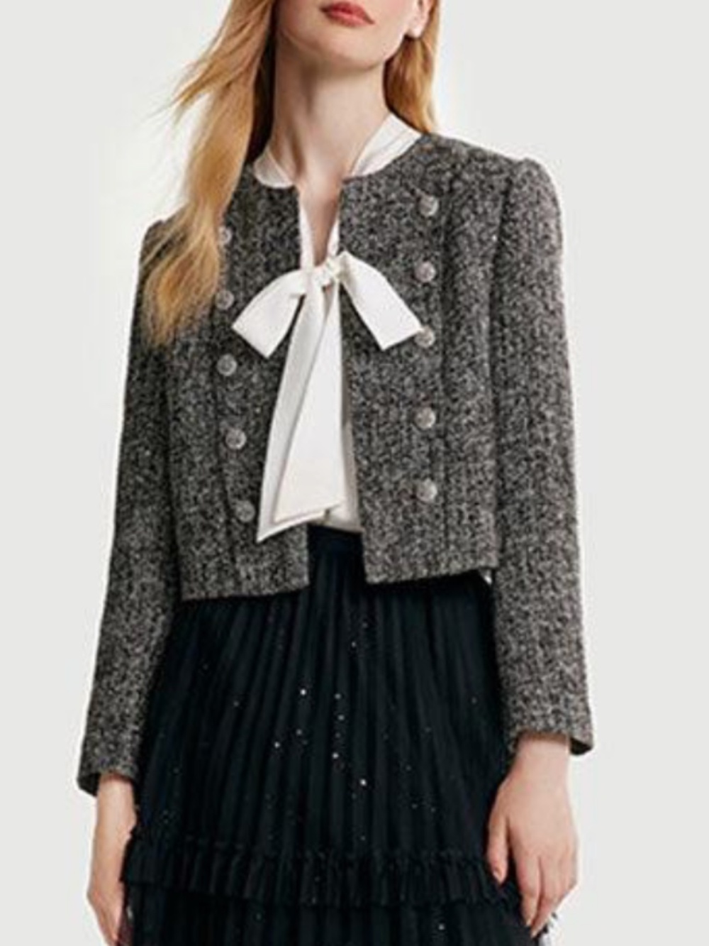 GOELIA Black Gray Small Fragrant Coat Cropped Tweed Blazer Jacket size 10